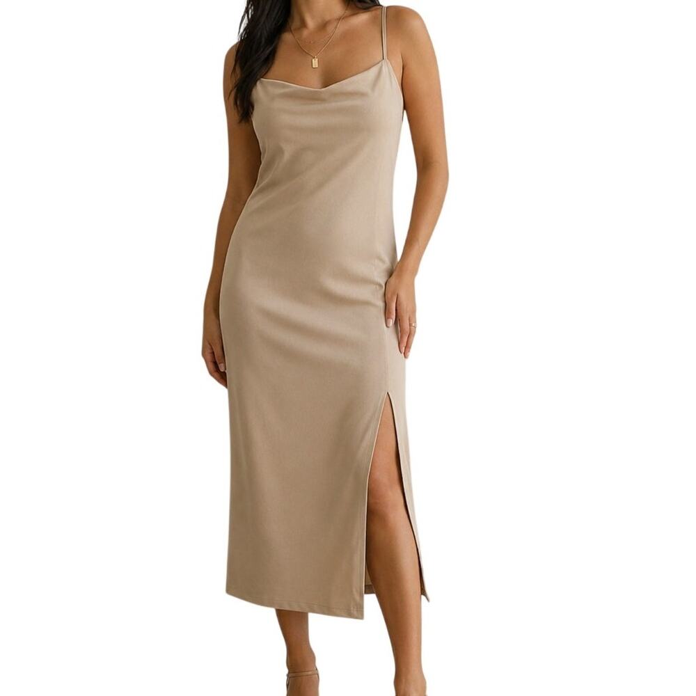 H&M Cream Beige Midi Slip Dress L NWT 90s Minimalist Clean Girl